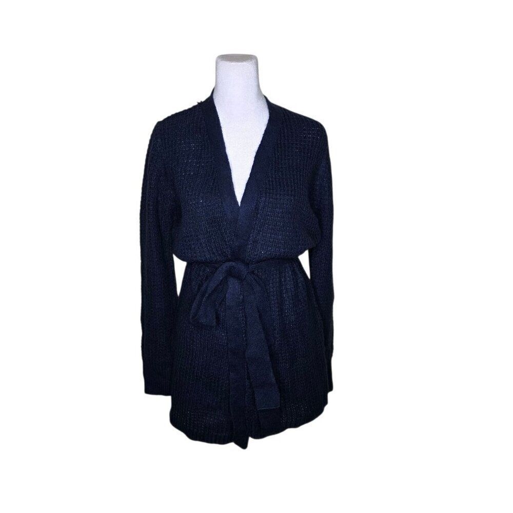 Love Ellie Long Cardigan Sweater Womens S Navy Blue Long Sleeve Knit Tie Waist